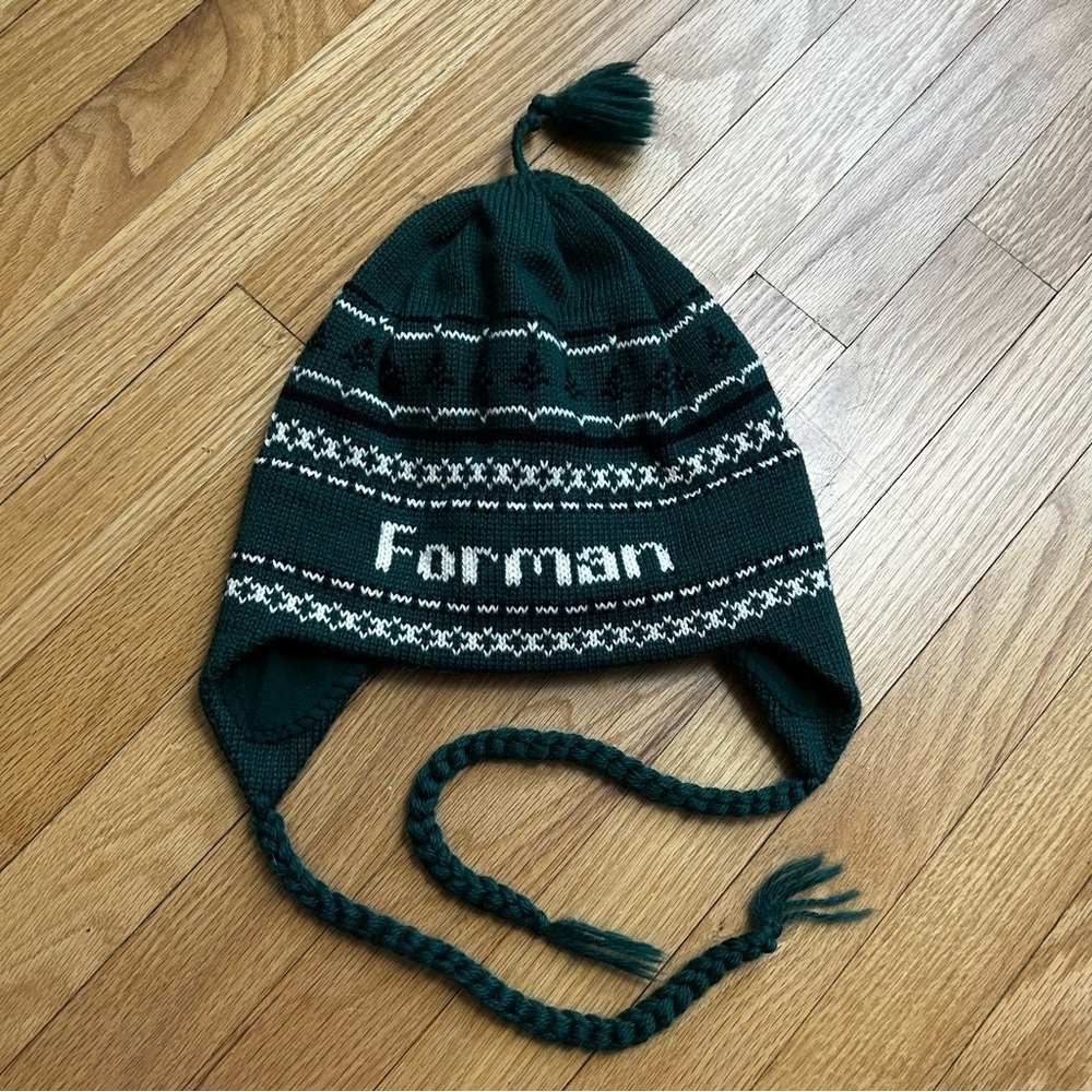 NWOT Vermont Originals 100% Wool Forman Fair Isle Green Knit Beanie w/ Tie